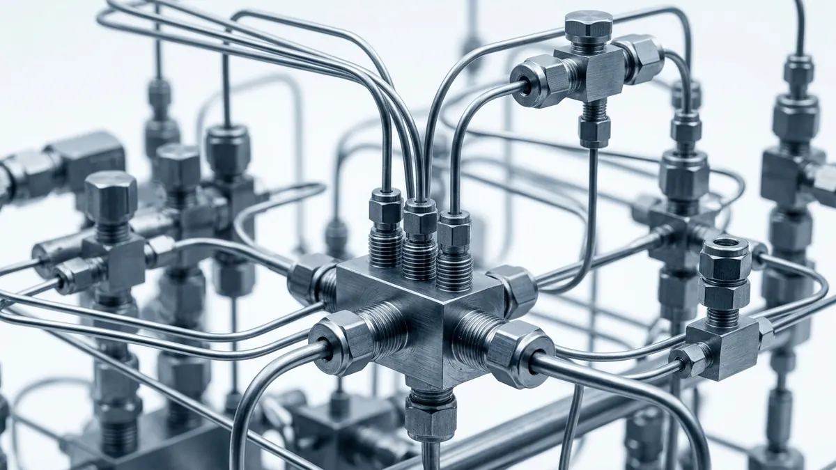 Extreme macro of brushed stainless laboratory fittings and fine capillary tubing.