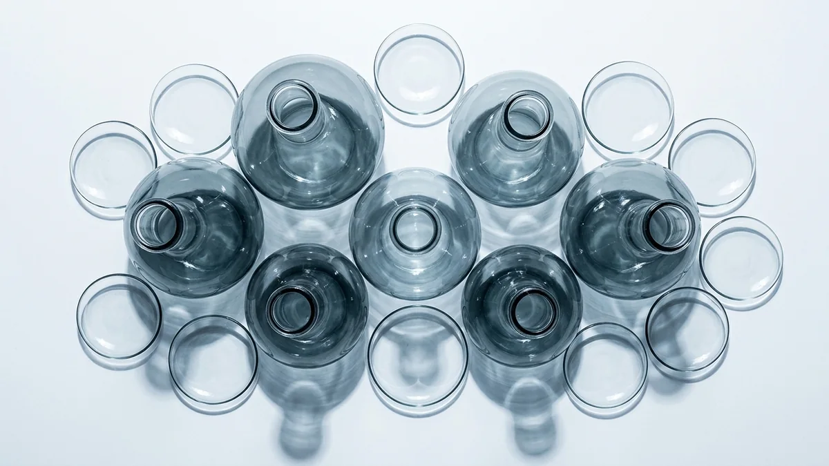 Overhead view of unmarked round-bottom flasks and watch glasses arranged on a white surface.