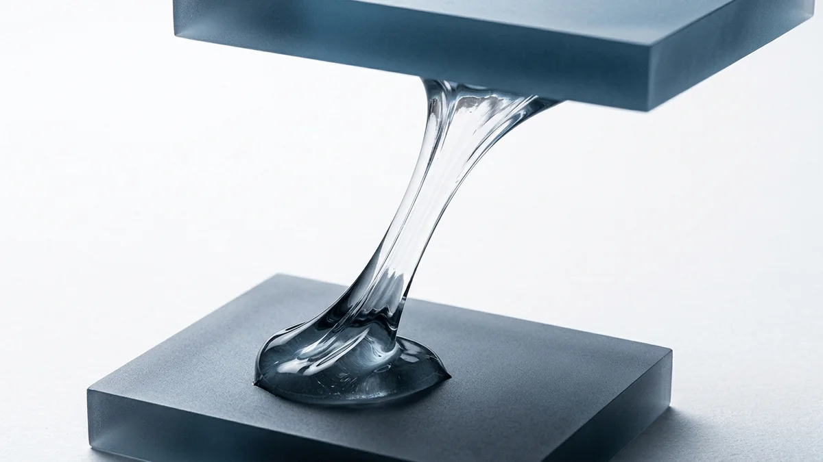Macro photograph of a clear viscous gel stretching into a fine thread.