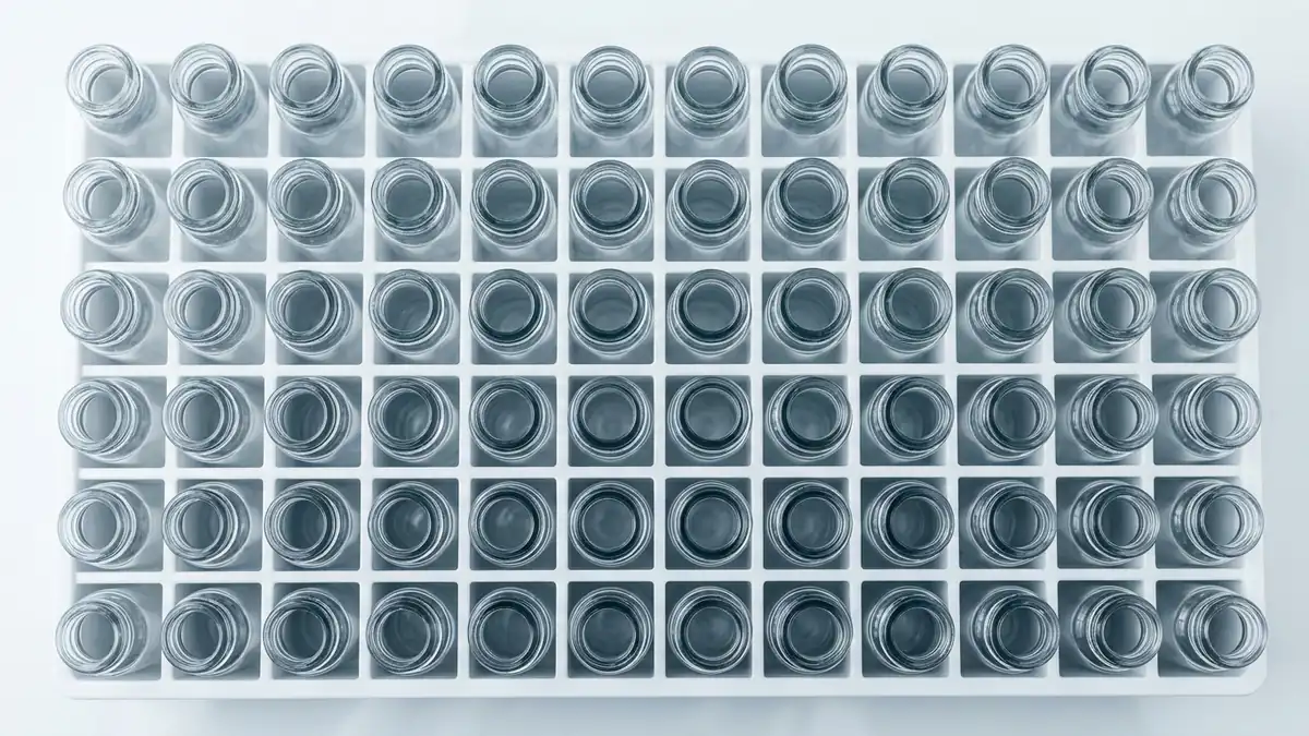 Overhead view of unlabelled glass vials standing evenly spaced in a white tray.