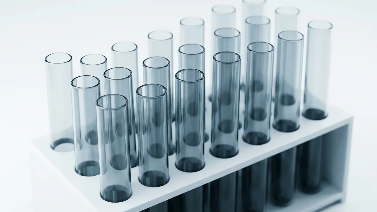 Plain unlabelled glass test tubes standing in a white rack on a bright laboratory surface.