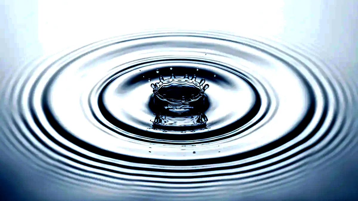 High-speed macro of a clear droplet striking still water, sending out concentric rings.