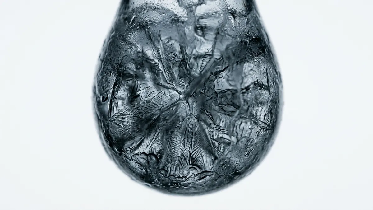 Extreme close-up of a frozen droplet clouded with fine internal crystal structure.