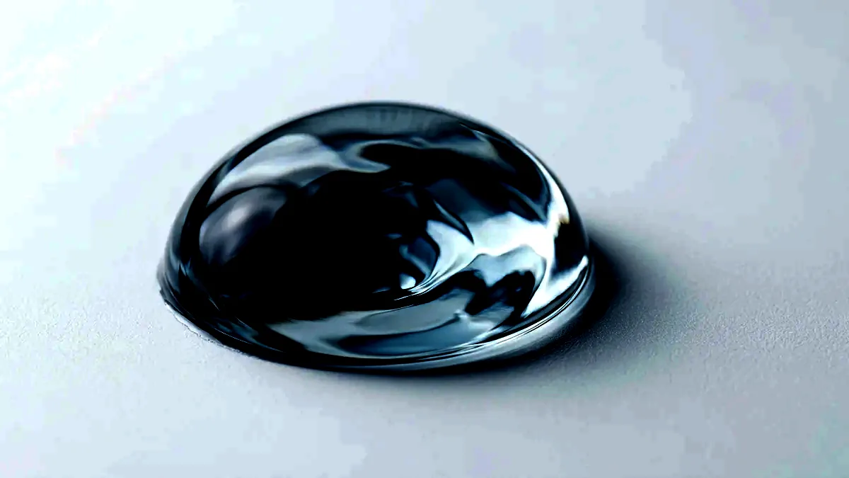 Macro of light refracting through a dome of clear gel on a white surface.
