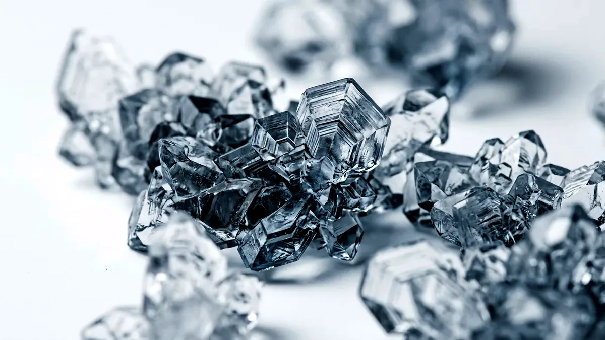 Macro photograph of faceted ice crystals catching cool raking light.