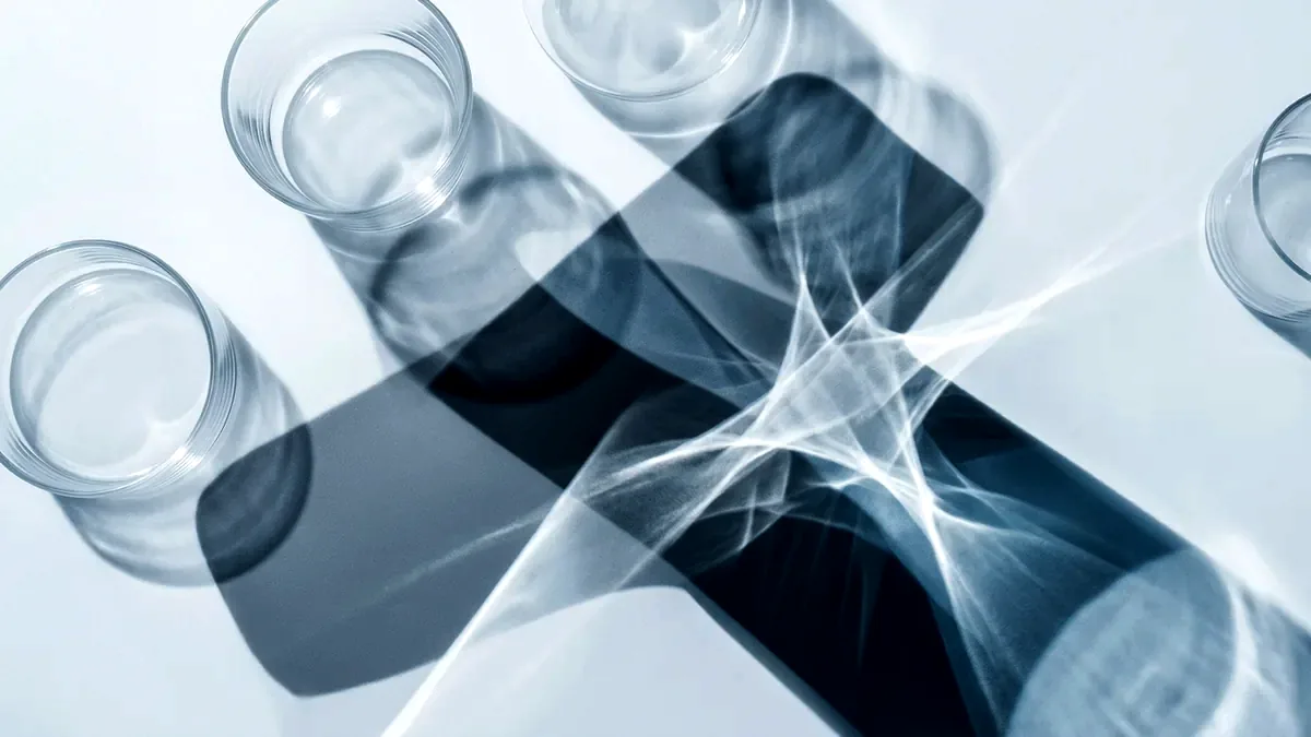 Overlapping shadows and bright caustics thrown by clear glass shapes.