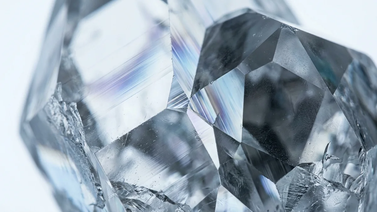 Extreme macro of a faceted clear crystal splitting light into fine cool spectra.