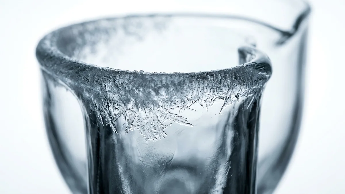 The frosted rim of a chilled glass vessel with ice creeping inward.